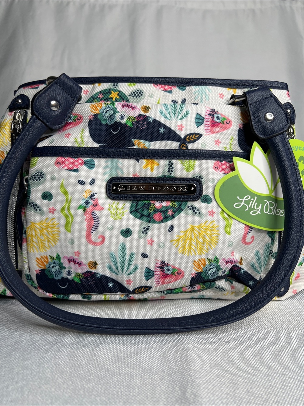 Lily Bloom White Shoulder Bag with Navy Trim and Multicolor Sea Life Print